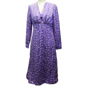Handmade Purple Satin Sheer Floral Dress Women sz 8/10 Empire Waist V-Neck Long